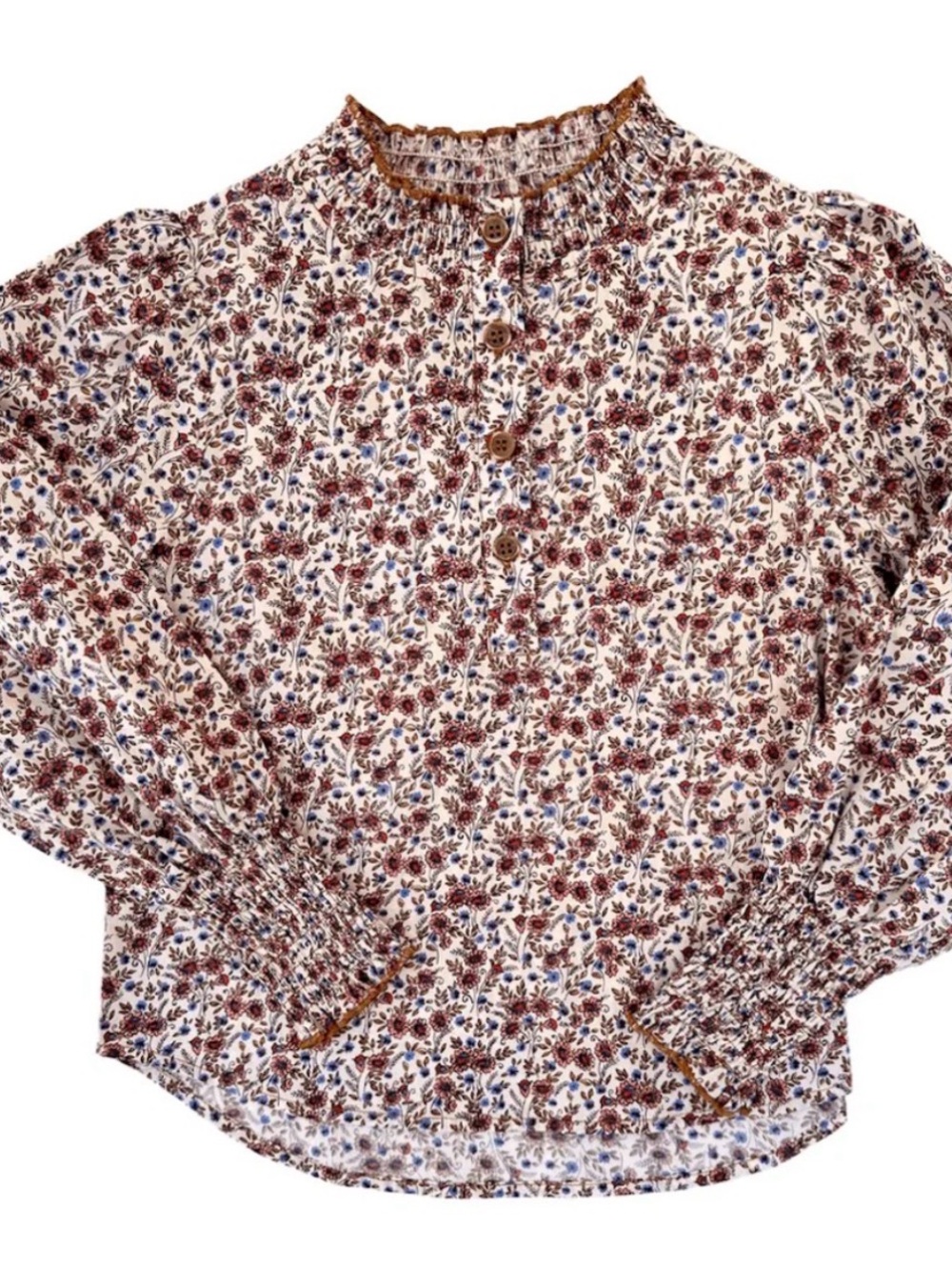 Pleat Girls Long-Sleeve Floral Blouse - Cream with Brown and Blue Floral Print